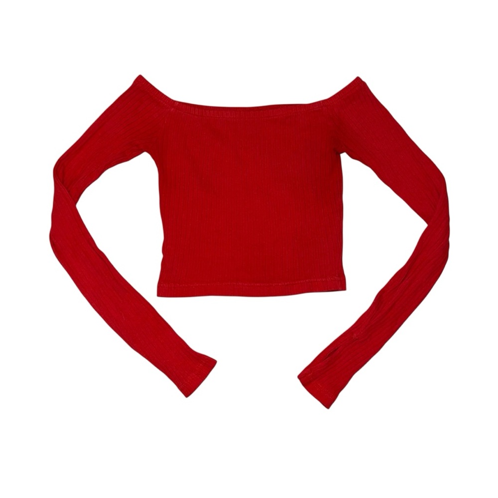 Red Off The Shoulder Long Sleeve Cropped Top Size XS Ribbed Crop Top Feminine